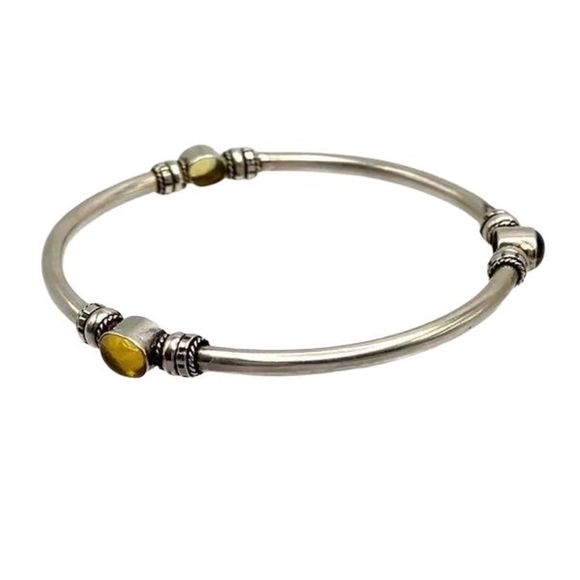 Vintage Sterling Silver Bangle Bracelet with Citrine Cabochon Stations - Picture 2 of 5